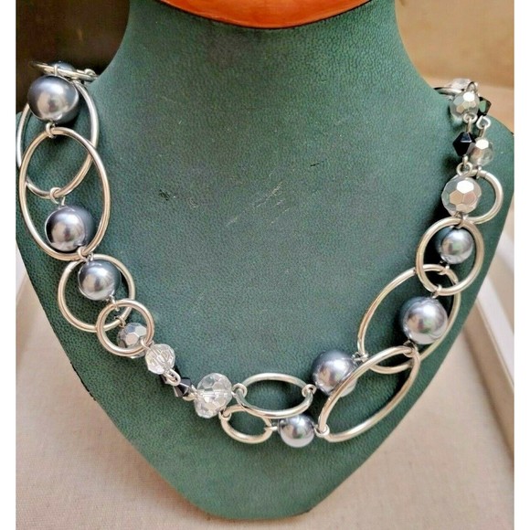 Smokey Pearl AB Crystals Silver tone Oval Link Long Layered Necklace LIA SOPHIA - Picture 8 of 8